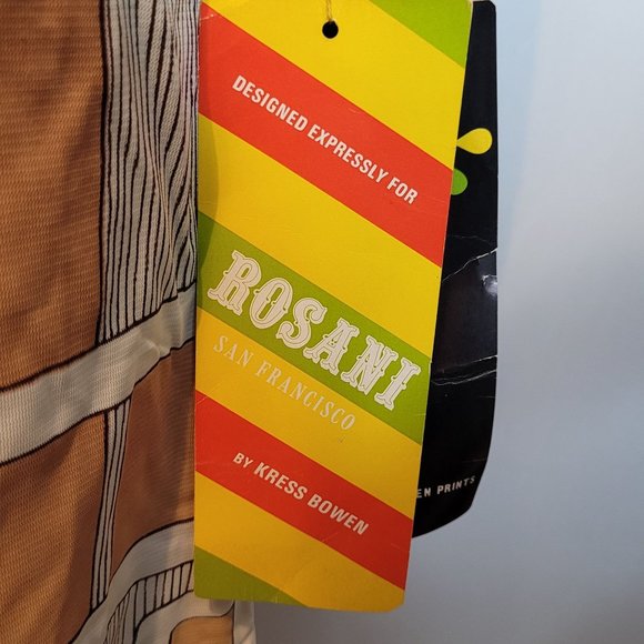 Vintage Dress Acetate Abstract Geometric Tan White Short Long Sleeve Sz 10 Tags - Picture 4 of 13